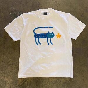 Gildan White Tee with Blue Cat and Orange Accent